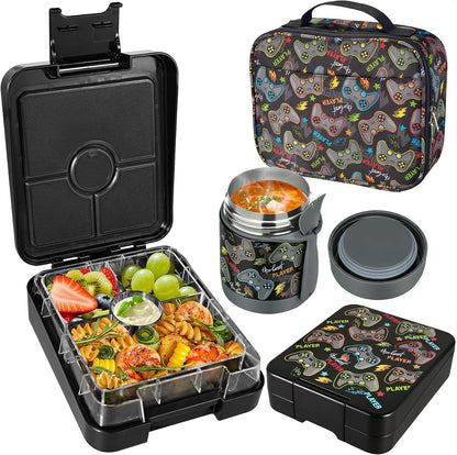 Pawtong Bento Lunch Box Set With 10oz Soup Thermo, Leak-proof Lunch Containers with 4 Compartment, Kids Hot Thermo Food Jar/Insulation Lunch Bag, Food Containers for School（Dinosaur）