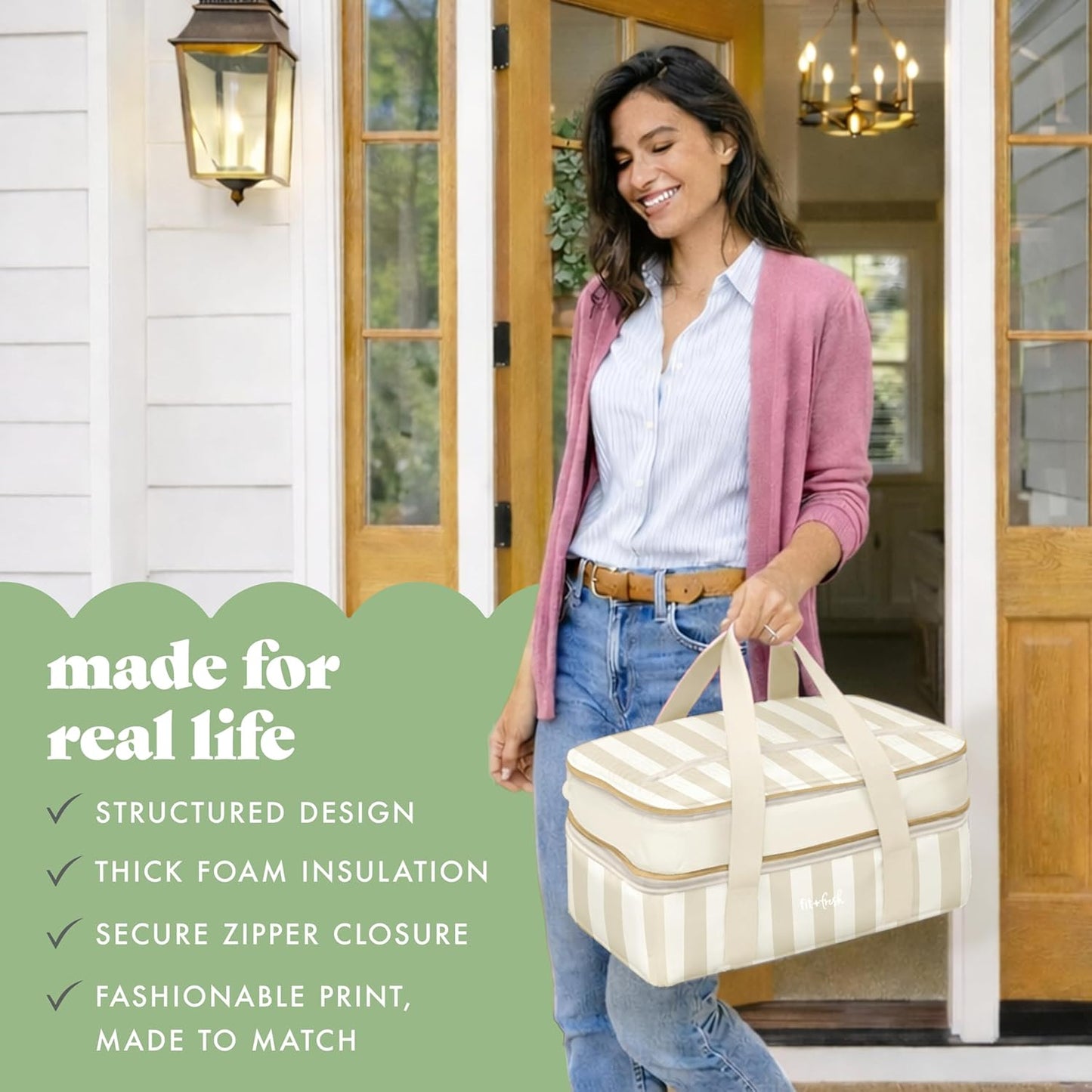 Fit & Fresh Insulated Casserole Carrier - Double Decker Food Carrier Fits Two 9x13 Dishes, Expandable Hot & Cold Food Transport Bag with Zipper Pocket for Potluck, Easter & Travel, Pink Gingham