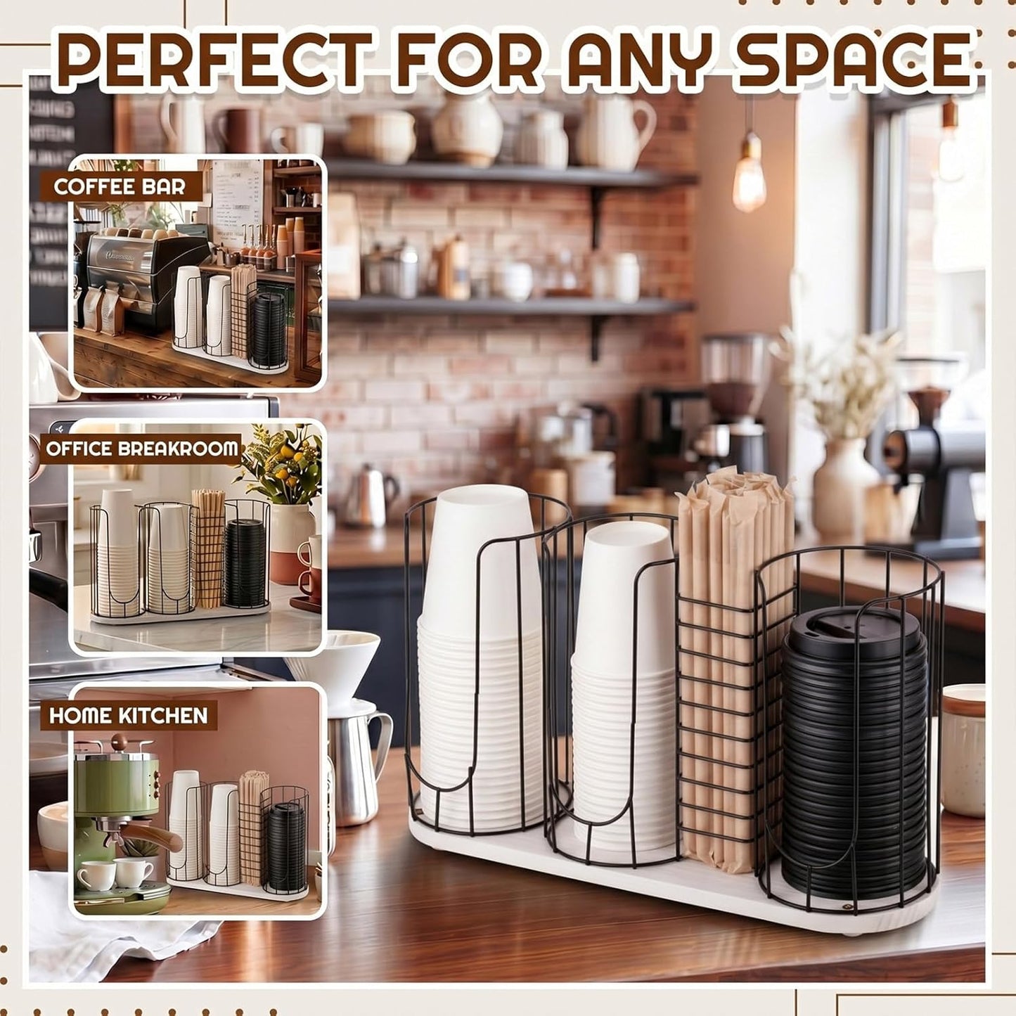 Geelin 18oz Adjustable Coffee Cup Dispenser with Wooden Base, Cup and Lid Holder, Cups Holder Organizer for Coffee Pod Straw and Lid Storage(2-compartment Single,Color 2)