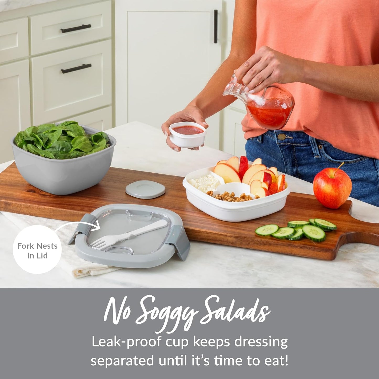 Bentgo Salad Container - 54 oz Bowl with 4-Compartment Toppings Tray, Leak-Proof Dressing Container, Reusable Fork, BPA-Free Lunch Box for Meal Prep & Food Storage; Removable Bento Tray (Khaki Green)
