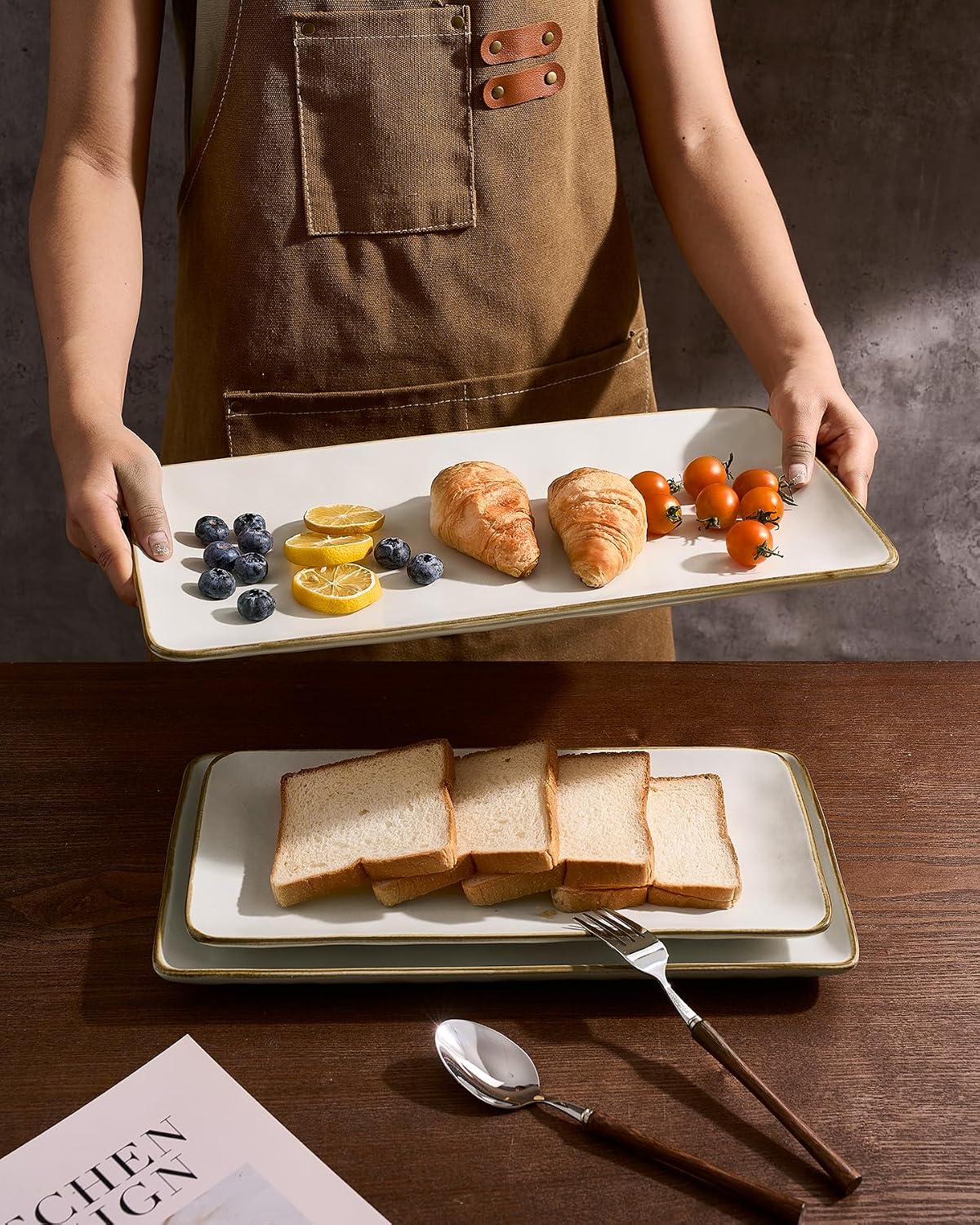 Famiware Serving Platter, Rectangular 15.67/14.1/12.6inch Serving Dishes for Entertaining, Microwave Dishwasher Safe, Stoneware Serving Trays for Party, Turkey, Cheese, Ocean Series, Cappuccino White