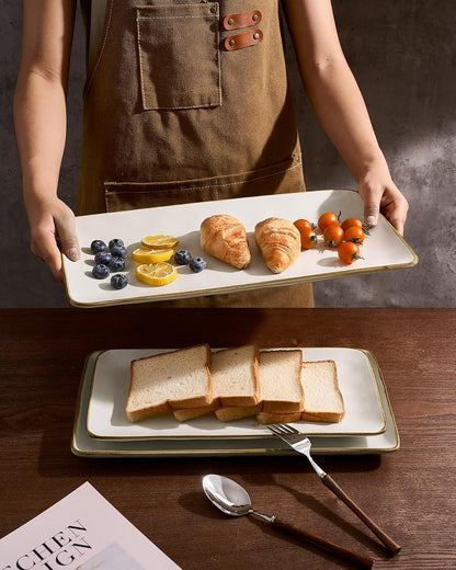 Famiware Serving Platter, Rectangular 15.67/14.1/12.6inch Serving Dishes for Entertaining, Microwave Dishwasher Safe, Stoneware Serving Trays for Party, Turkey, Cheese, Ocean Series, Cappuccino White