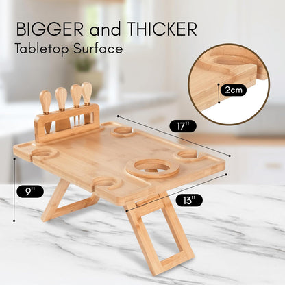 Charcuterie Picnic Table with Wine Glass Holder, Portable Wine & Cheese Board, 4-Piece Cheese Knife Set (Gold) w/Detachable Knife Stand, Bamboo Charcuterie Table, Hosting & Wine Gift