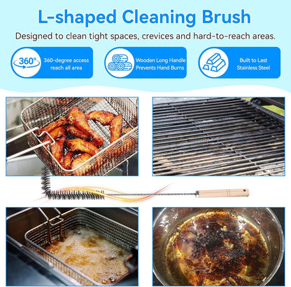 4-Piece Professional Deep Fryer Cleaning Kit - Commercial Stainless Steel Set with Dual-Layer Basket Brush, 3-in-1 Grill Scraper, L-Shape Brush & Drain Wand
