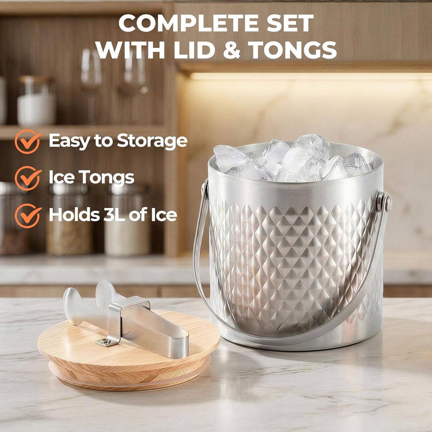 Ice Bucket for Parties with Lid,3L Large Insulated Metal Drink Bucket for Cocktail Bar with Tongs,Cooler Beverage Tub