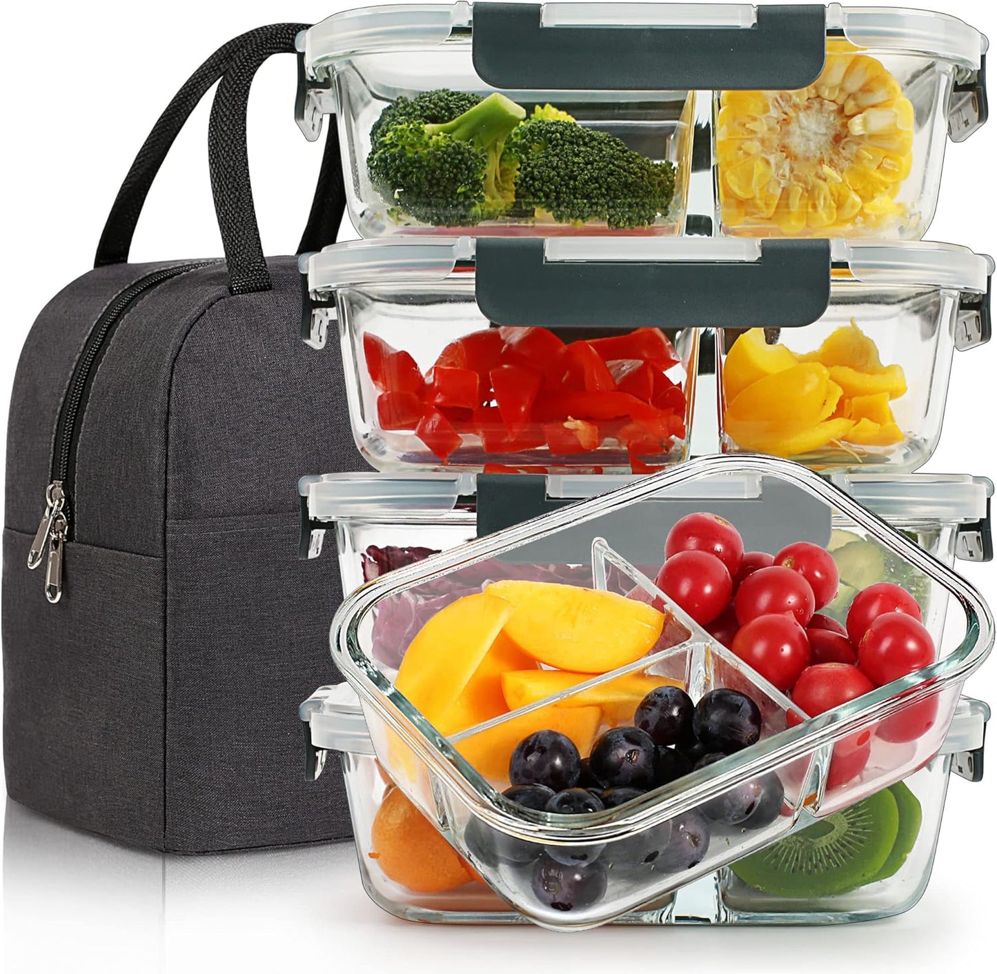 DAS TRUST [5-Packs, 36 Oz. Glass Meal Prep Containers with Locking Lids Glass Food Containers,Airtight Lunch Container,Microwave, Oven, Freezer and Dishwasher (4.5 Cup, Clear)
