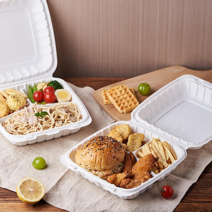 8X8 3-Compartment 50-Pack Plastic Clamshell Takeout Food Trays Heavy Duty Togo Disposable Box Carryout Meal Prep Packaging Catering Hinged Containers With Secure Snap Lid (Formerly FULING)