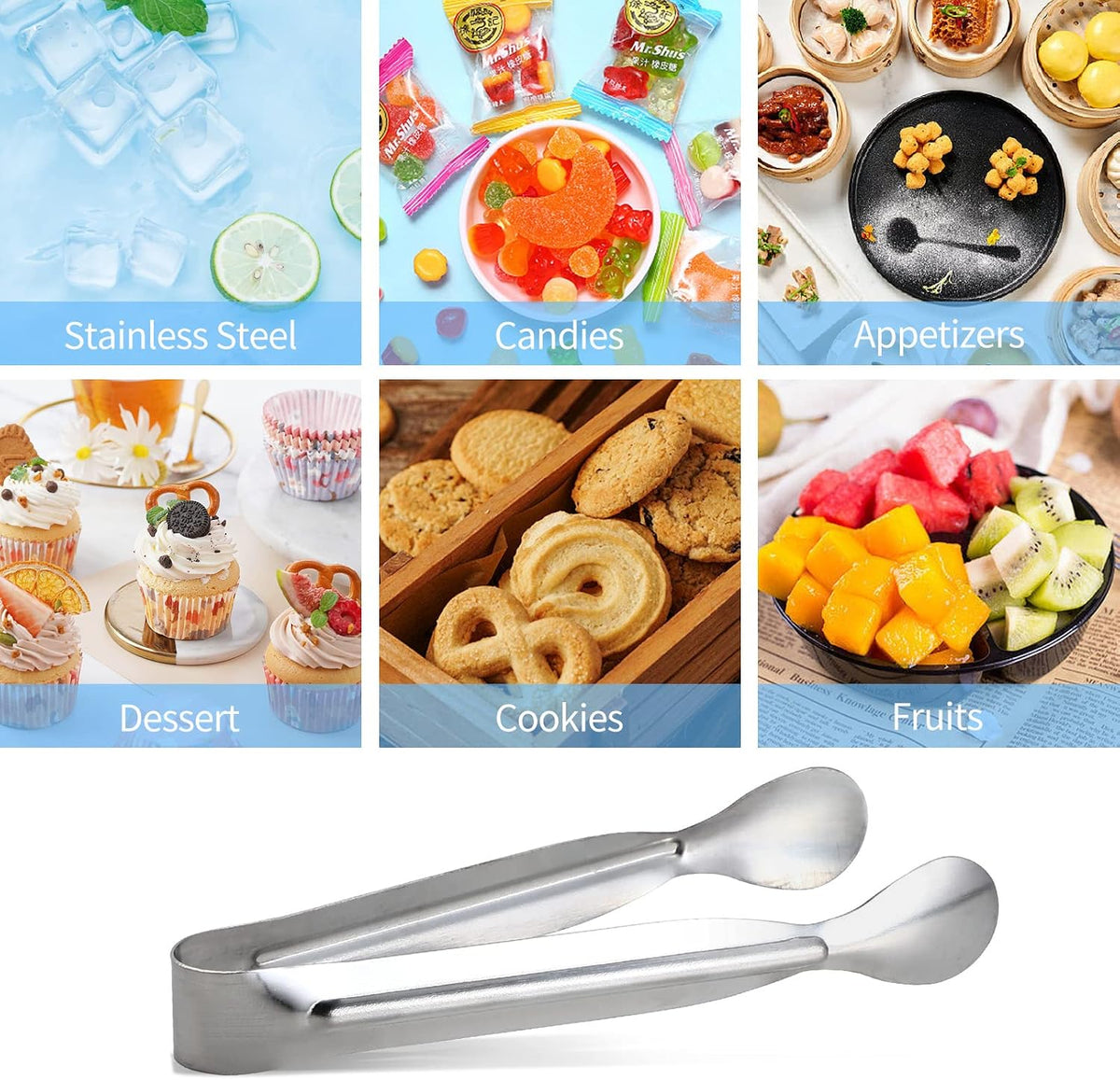 Ice Tongs Mini Sugar Tongs 4.25Inch Stainless Steel Kitchen Utensils Set,Small Serving Tong and Tiny Kitchen Tong for Appetizers,Tea Party, Coffee Bar, Desserts by Sunenlyst (Silver)