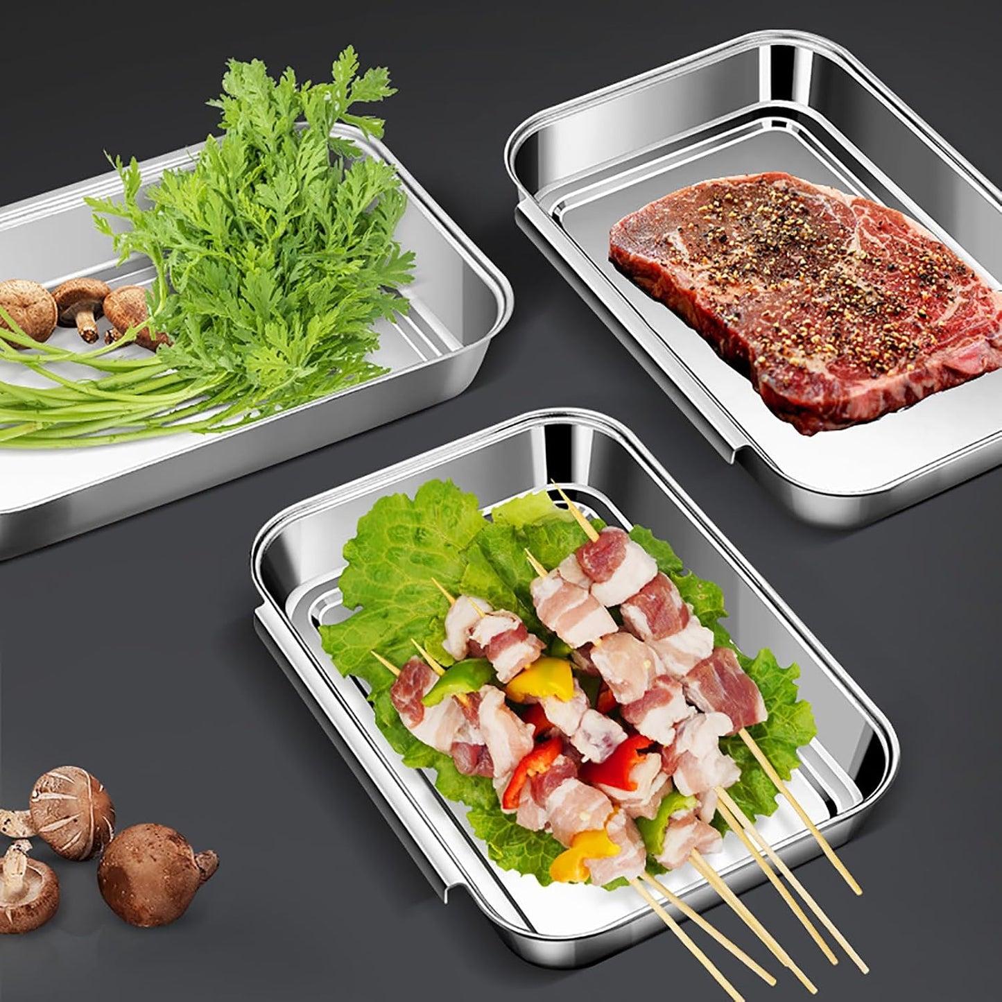 3Pcs Stainless Steel Breading Trays Set, Breading Dishes for Chicken Breasts, Marinating Meat and Prepping Meals (10.4" x 7.7" x 1.9")