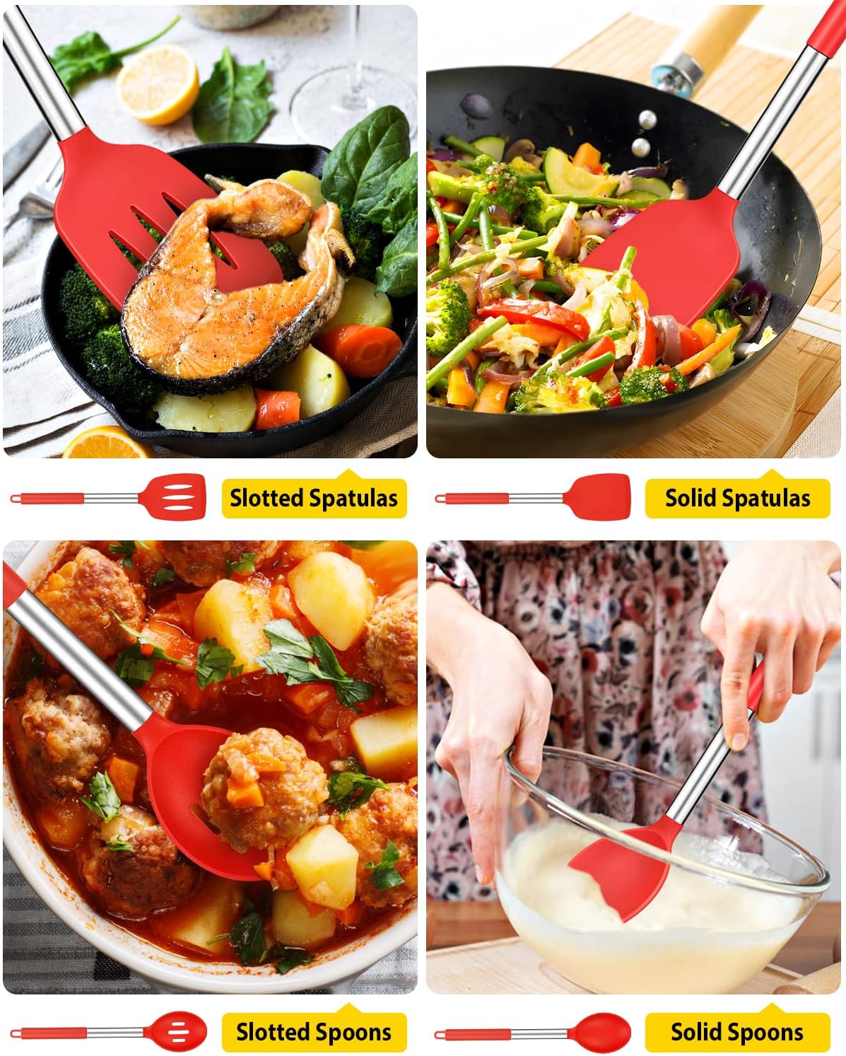 Pack of 4 Silicone Cooking Utensils Set, Non Stick Large Solid Spatulas, Heat Resistant Black Slotted Spoons, Ideal BPA Free Kitchen Turners for Frying, Mixing,Serving,Draining,Turning,Stirring