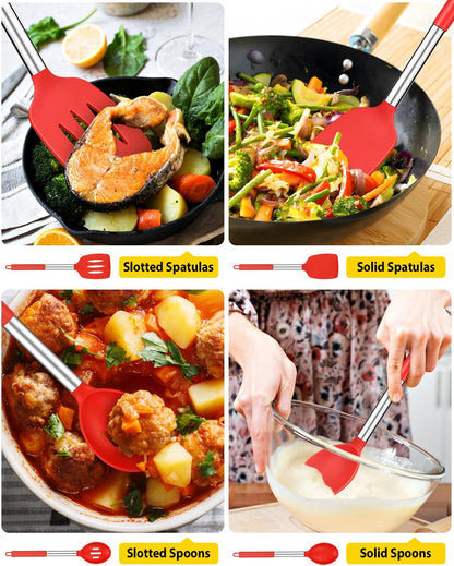 Pack of 4 Silicone Cooking Utensils Set, Non Stick Large Solid Spatulas, Heat Resistant Black Slotted Spoons, Ideal BPA Free Kitchen Turners for Frying, Mixing,Serving,Draining,Turning,Stirring