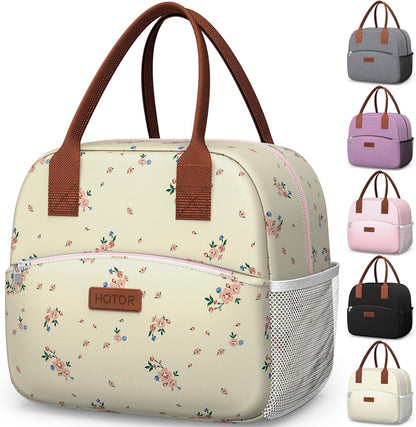 HOTOR Lunch Bag for Women & Men - Wear-Resistant Insulated Lunch Box with Large Capacity, Multi-Functional Cooler Bag for Office, Picnic, Pink with White Daisy, 10L,10.60" x 5.90" x 9.50"
