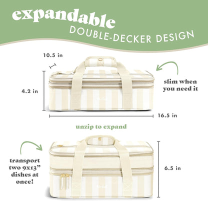Fit & Fresh Insulated Casserole Carrier - Double Decker Food Carrier Fits Two 9x13 Dishes, Expandable Hot & Cold Food Transport Bag with Zipper Pocket for Potluck, Easter & Travel, Pink Gingham