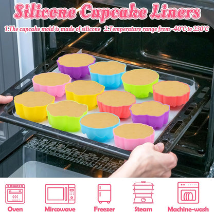 R HORSE 42Pcs Silicone Molds Cupcake 2 Inch Mini Size Reusable Muffins Liners Washable Non-Stick Donut Wrapper Mold Flower Shapes Baking Cups for Pan Oven Microwave Dishwasher