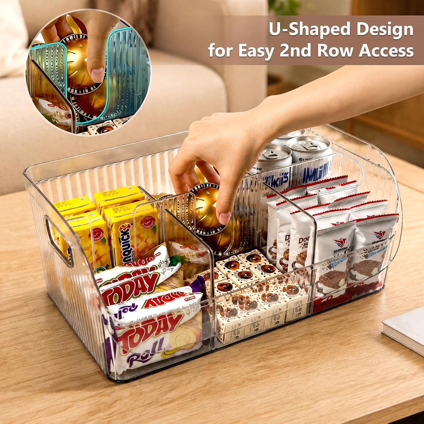 Set of 3 Pantry Organizers and Storage Bins with Removable Dividers - Clear Plastic Storage Box for Cabinet, Kitchen, Fridge, Bathroom, Home Organization Food Containers, Large Medium Small