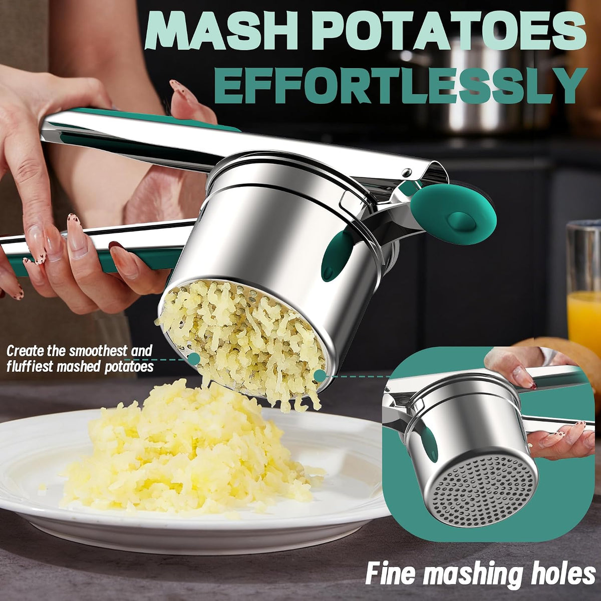 Large 15oz Potato Ricer for Mashed Potatoes, Heavy Duty 18/8 Stainless Steel Potato Masher for Baby Food & Spaetzle Maker, Masher and Ricer Kitchen Tool, Press and Mash Kitchen Gadget, Black