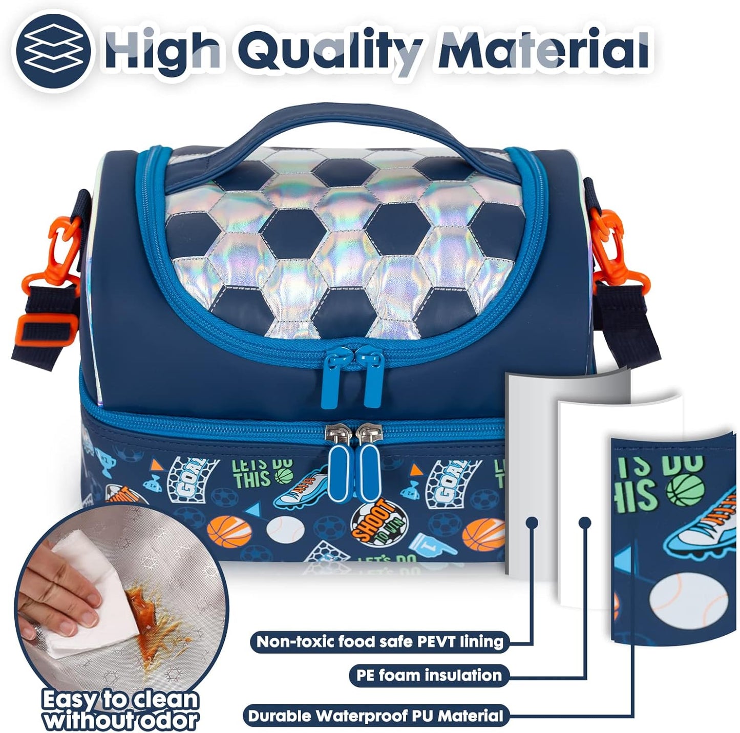 Kids Double Decker Cooler Insulated Lunch Bag, Back to School Large Meal Tote for Boys, Girls, Men, Women, with Adjustable Strap, Soccer