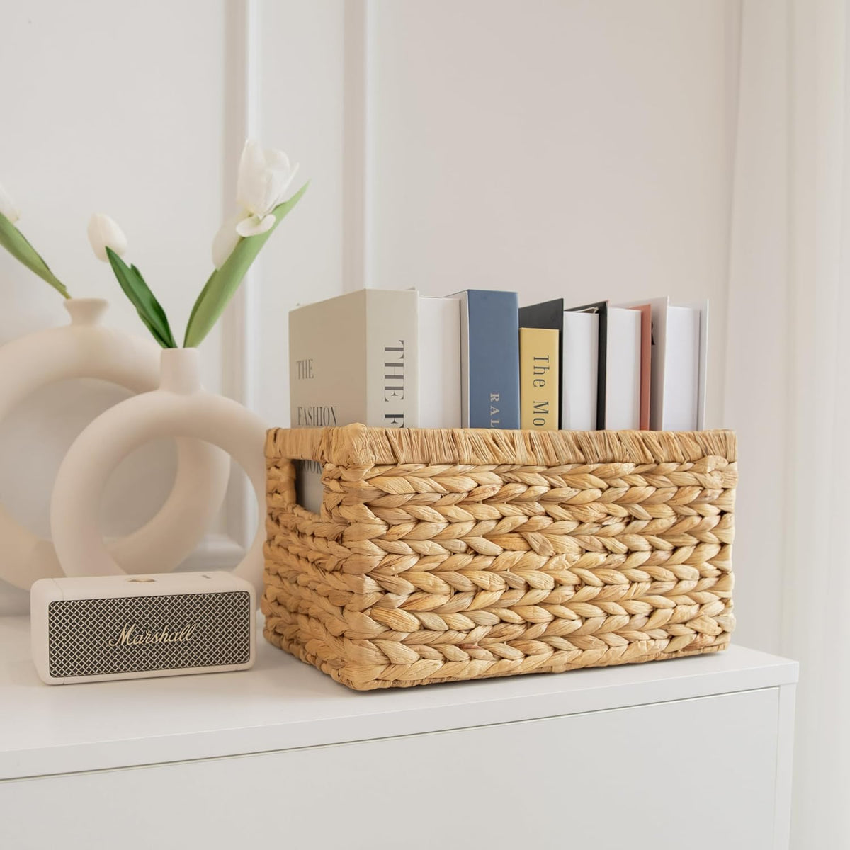 2-Pack Handwoven Water Hyacinth Storage Baskets with Handles, Wicker Bins for Pantry Organization, Shelf or Closet Organizer, Decorative Boho Rectangular Basket 13.5" x 8"