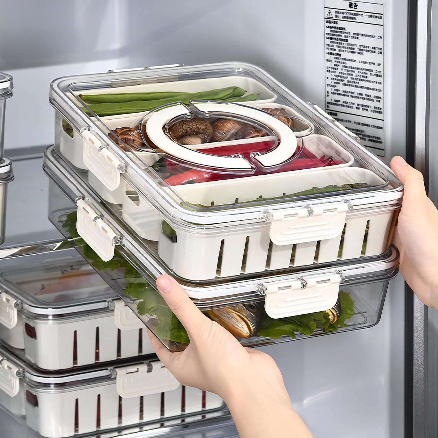 Divided Serving Tray with Lid for Veggie Charcuterie Container Portion Control Salad Keeper with 4 Removable Boxes Stackable Refrigerator Organizer Bins Food Storage Organizer Produce Saver