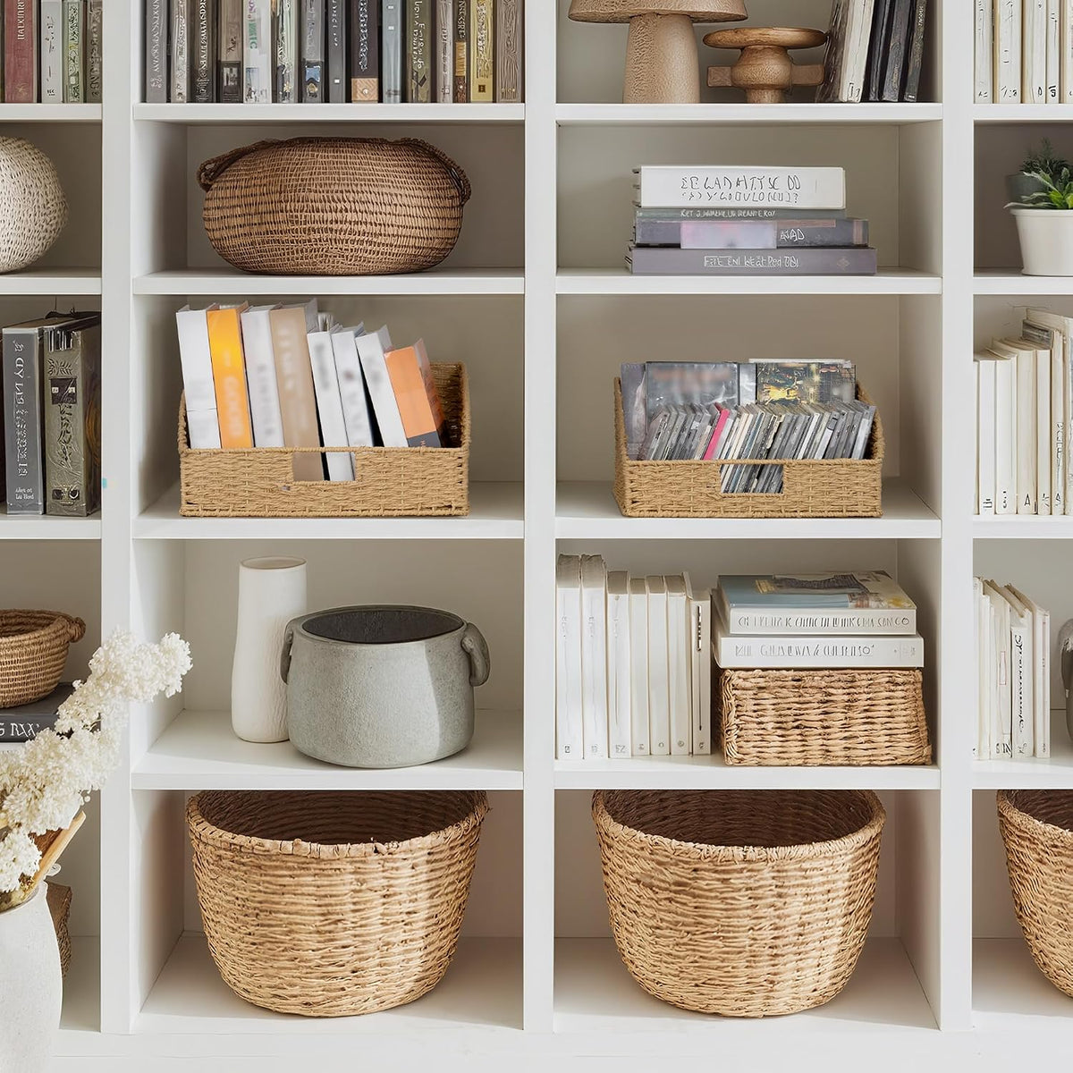 StorageWorks Water Hyacinth Pantry Storage Baskets, Wicker Baskets with Built-in Handles, Handwoven Shelf Baskets for Organizing, Pantry Organizers and Storage, 3 Pack