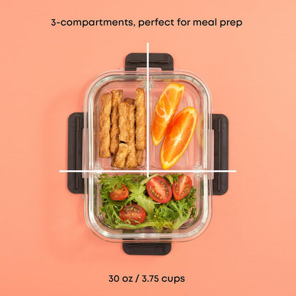 JoyJolt Divided 3 Compartment Glass Meal Prep Bento Box Set. 5 Pack Airtight Food Storage Containers with Lids for Portion Control and Weight Loss