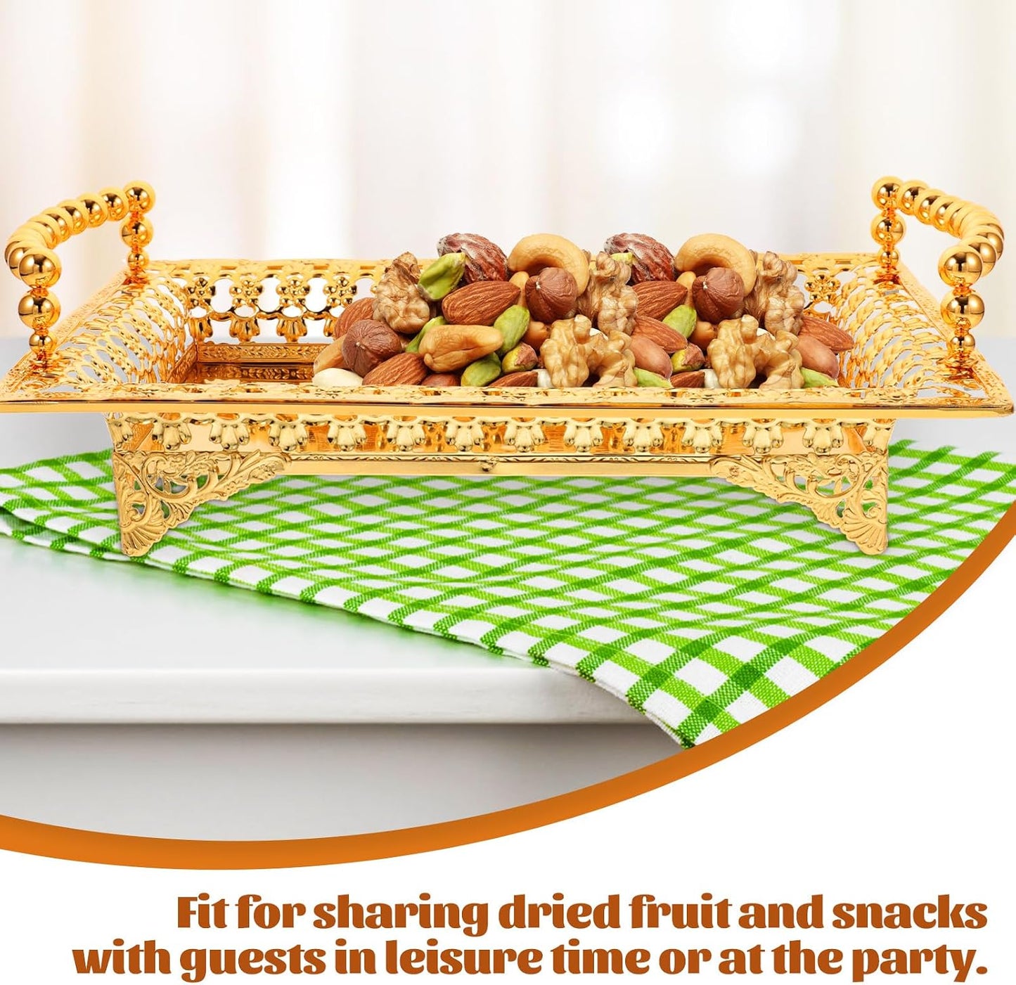 COLLBATH Nordic Style Fruit Plate with Handle 2Pc Metal Snack Serving Tray for Dried Fruits and Appetizers Elegant Gold Platter for Kitchen and Entertaining