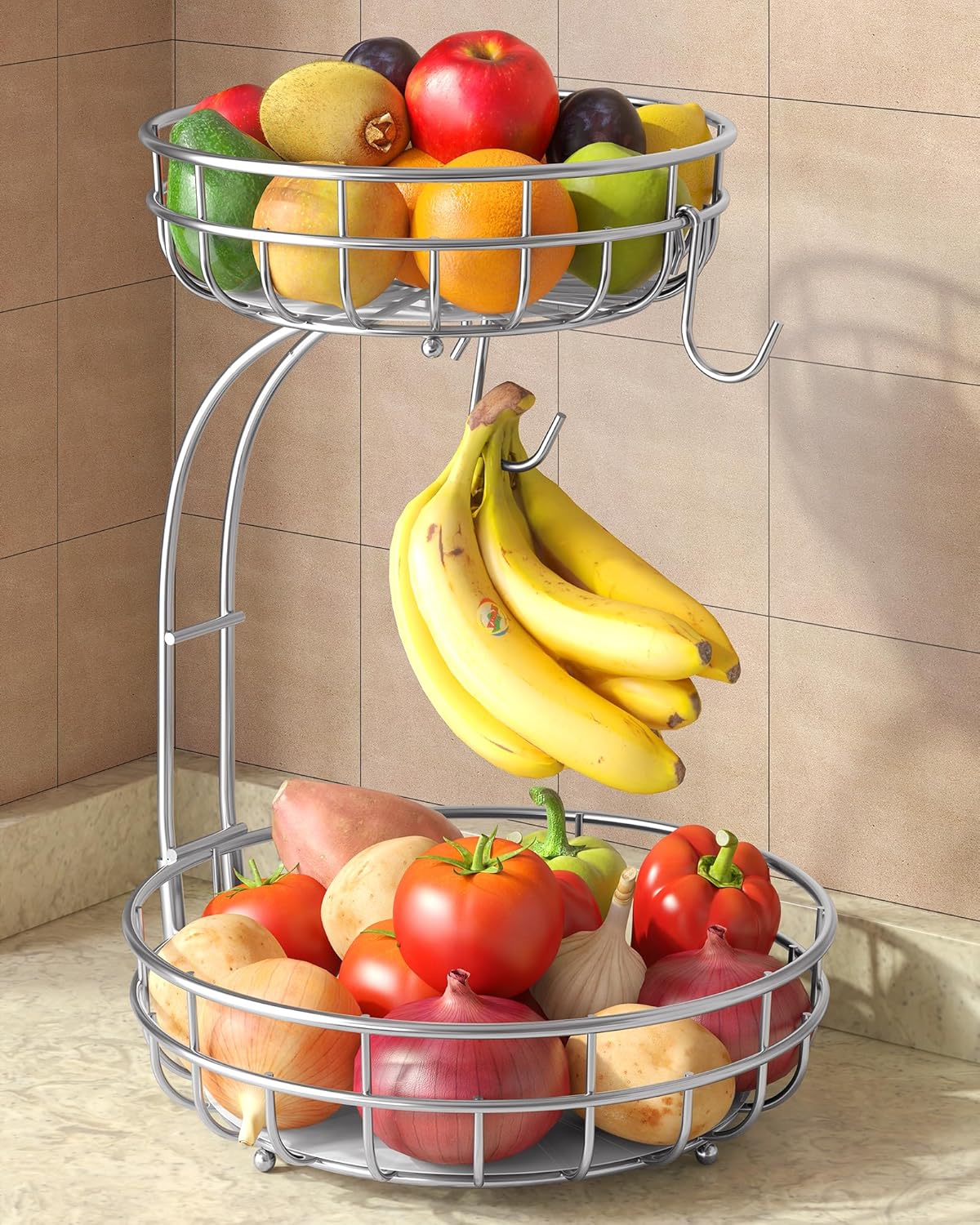 Sevenblue 2 Tier Large Fruit Basket for Kitchen Counter with Removable Banana Hanger - Sturdy Iron Fruit Bowl for Kitchen Counter and Vegetable Holder, Fruit Holder for Home Decor, Black