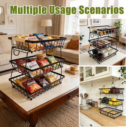 2 Tier Fruit Basket for Kitchen Counter, Large Fruit Holder with 2 Banana Hooks, Detachable Metal Fruit Stand with Wooden Handle, Kitchen Storage Cart,Vegetable Basket, Snack Rack