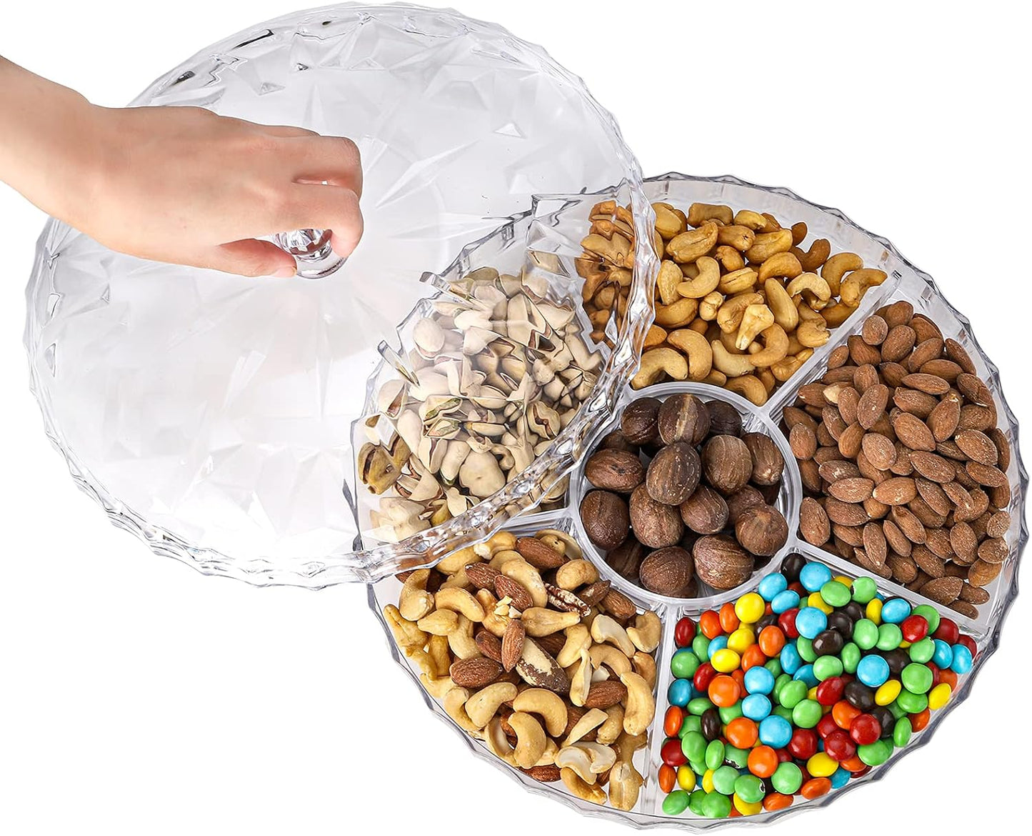 ZOOFOX Snack Serving Tray, 12" Appetizer Tray with Lid, 6 Compartments Round Plastic Food Storage Organizer for Dried Fruits, Nuts, Candies, Sweet Cookies and Fruits (Clear)