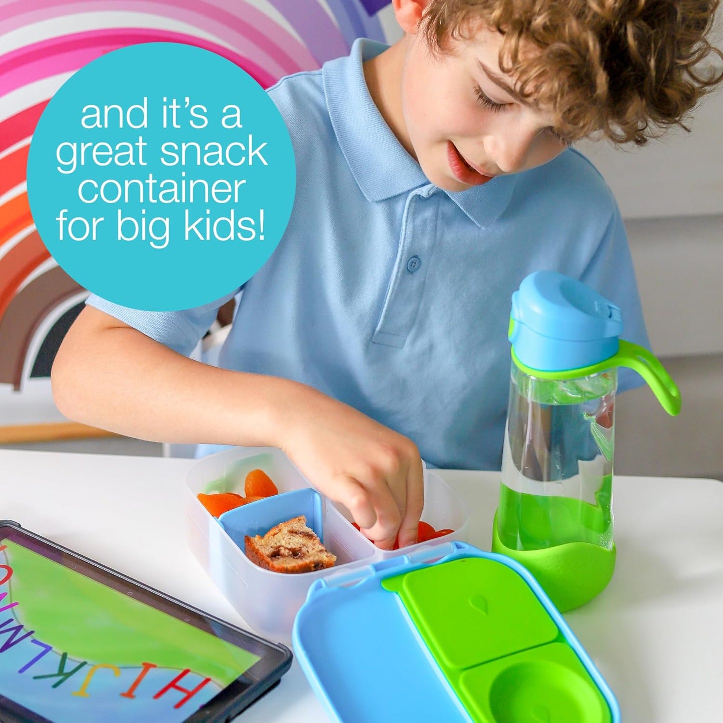 b.box Mini Lunch Box 2-Pack, Leak Proof Bento Box for Kids, 3 Compartment Snack Containers Ages 3+, Lunchbox for Daycare + School, Dishwasher Safe, BPA-Free, PFAS-Free, 4.25 Cup - Blue + Green