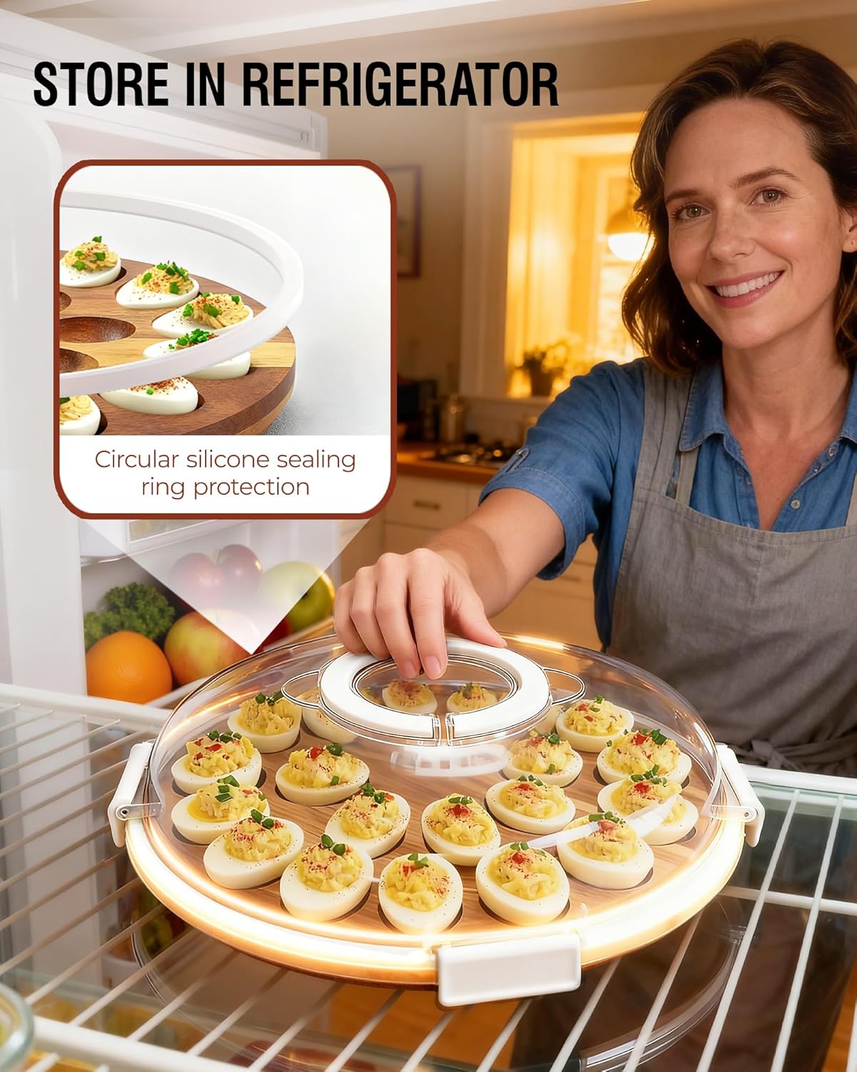 Renmxj Deviled Egg Containers with Lid (24 Eggs), 2026 Upgraded Acacia Wooden Deviled Egg Tray Platter for Party and Home Kitchen, The Lid is Dishwasher Safe (Black)
