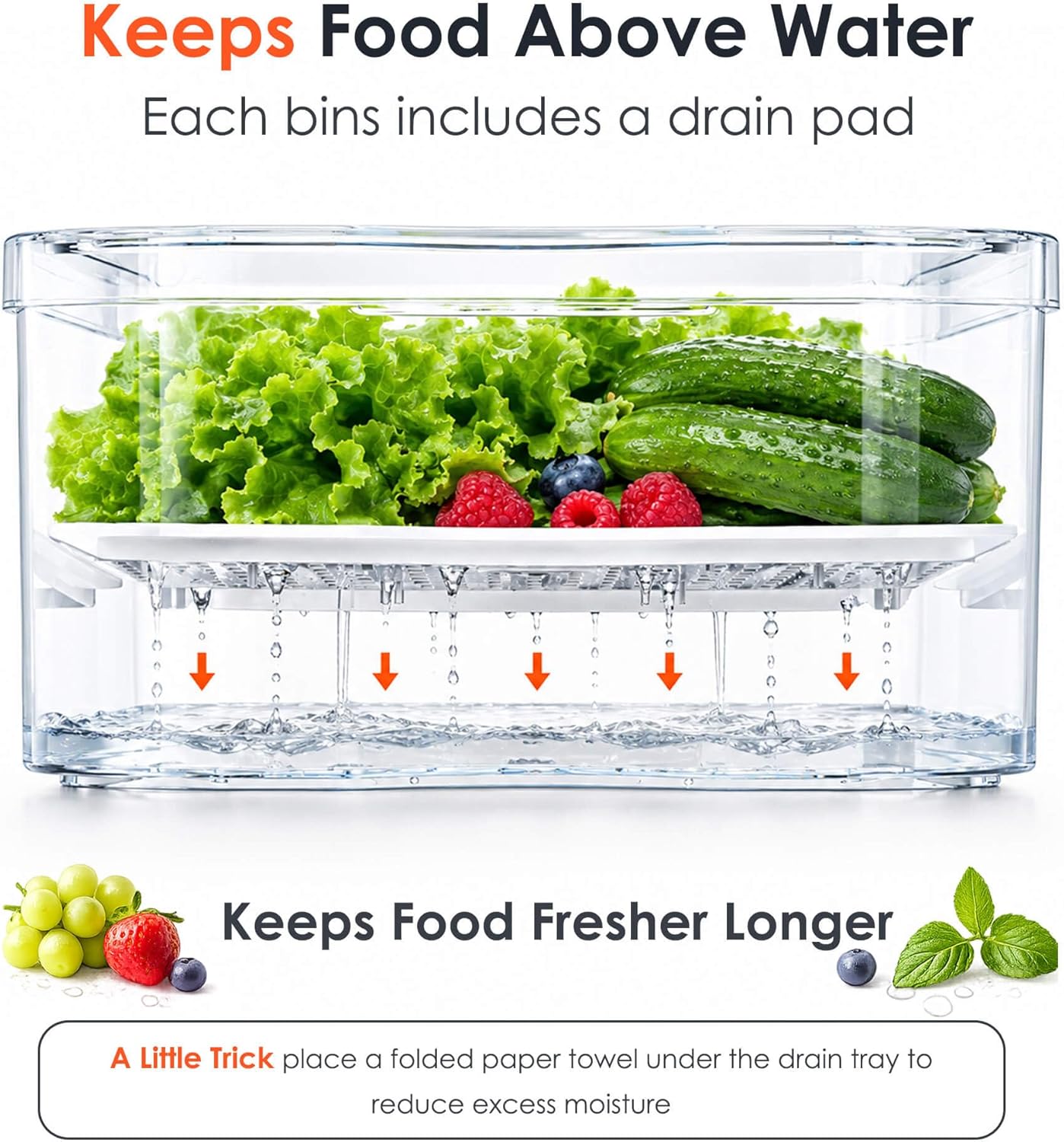 SMRCAD Refrigerator Organizers and Storage, 6 Pack with 1 Pull-Out Drawer and 5 Lidded Bins, Fruit Storage Containers for Fridge with Drain Trays, Helps Keep Produce Fresh
