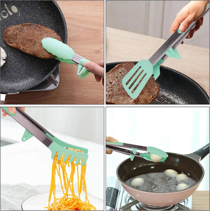 4in1 Stainless Steel Kitchen Food Tongs Set for Cooking with Silicone Tips, Toaster Steak Pie Pizza Pasta Spaghetti Noodles Salad Fruit Vegetable Grill BBQ Buffet Clamp Serving Tools Gadgets