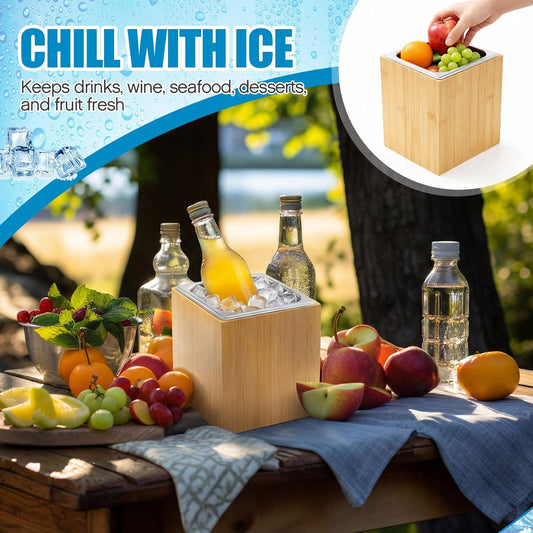 Honeydak Large Ice Housing Bin with Removable Tray Ice Holder Container Wine Beer Champagne Drink Bucket Beverage Tub for Freezer Display Buffet Counter Party Chiller (Bamboo and Steel)