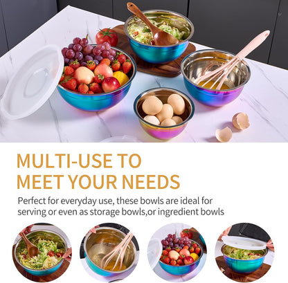 Pink Mixing Bowls with Airtight Lids, Stainless Steel Nesting Mixing Bowls Set of 7, Ideal for Baking, Prepping and Serving Food, Size 7, 3.6, 2.7, 2.1, 1.5, 1.1,0.8 QT, Stackable Design
