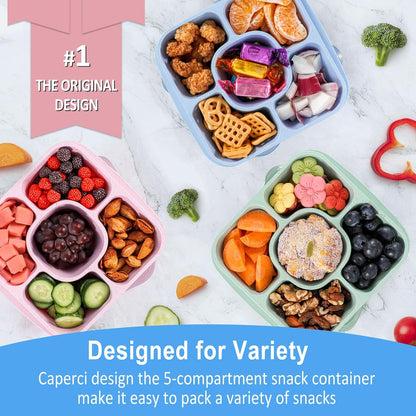 Caperci 5-Pack Lunchable Container Set for Kids & Adults - Reusable Bento Snack Box Containers with 5-Compartment for Food Storage & Meal Prep, Wheat Straw, BPA-Free (Dark & Clear Lids)