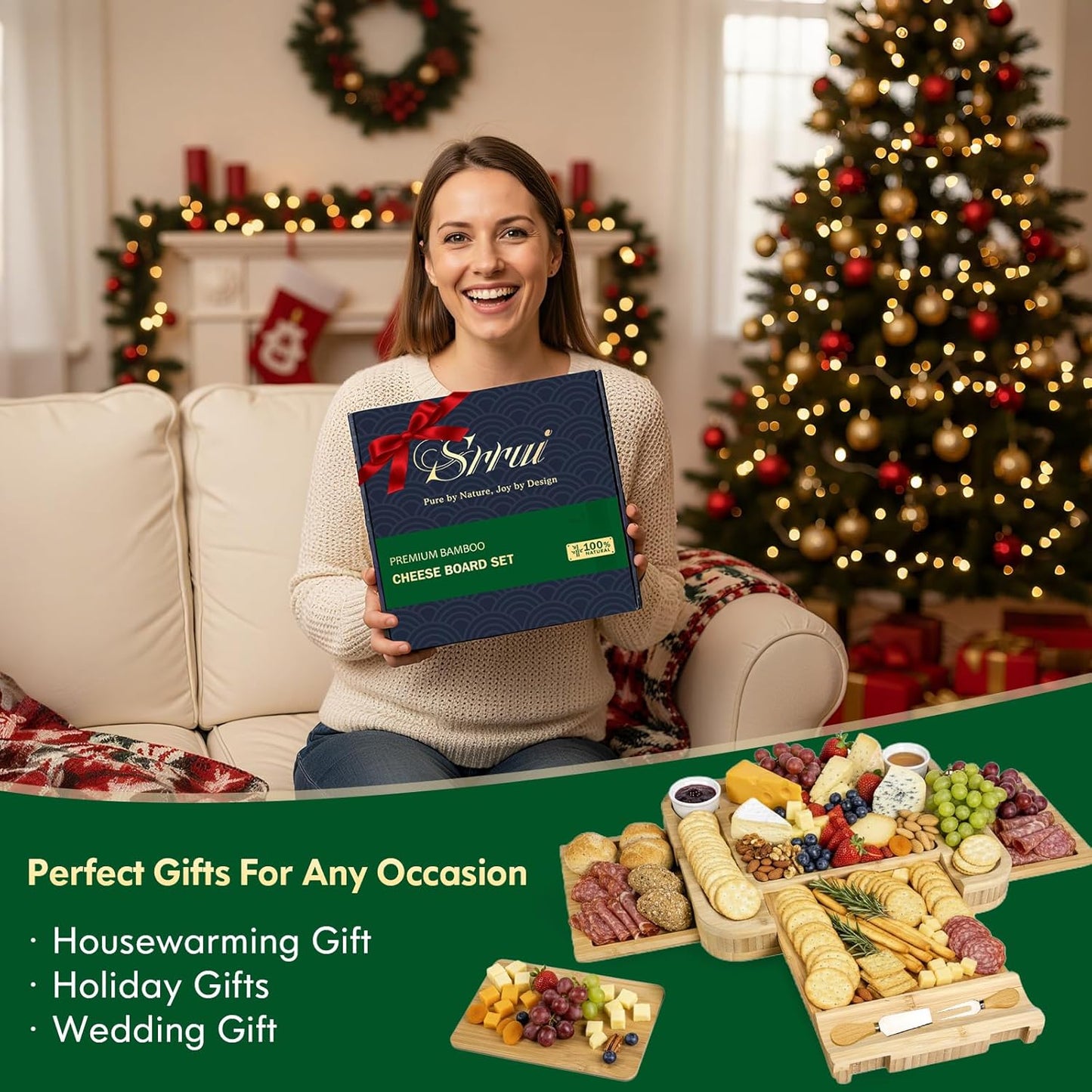 Charcuterie Board with Lid Gift Set - Cheese Bamboo Tray with Utensils, 2 Sauce Bowls,Fruit Tray and Food-Grade Seal Included - Portable with Handle for Travel, Parties, Kitchen Gifts for Women