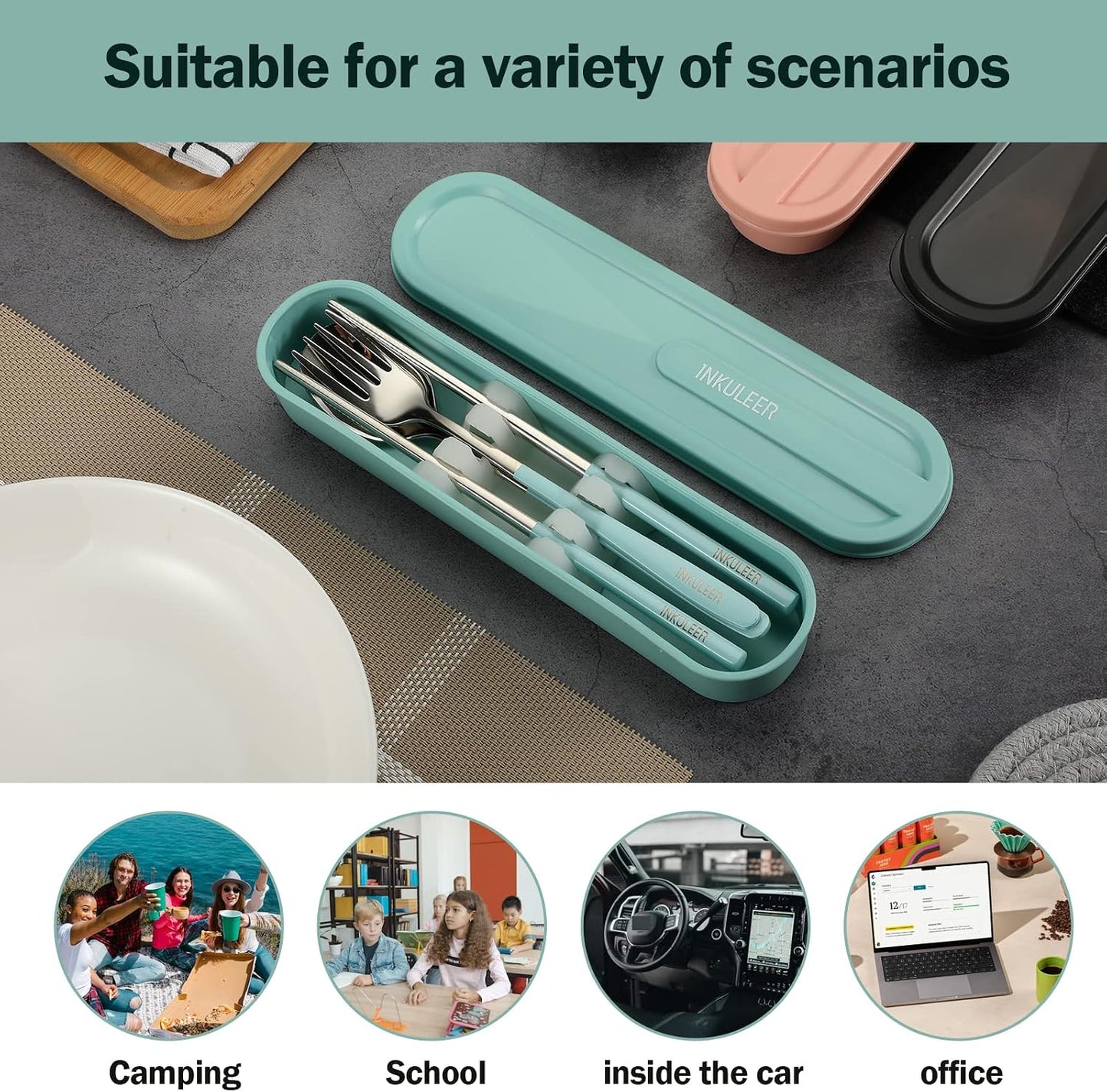 iNKULEER Travel cutlery set, 18/8 stainless steel cutlery, Reusable utensils set with case, Portable Silverware Lunch Box for Camping and Office (Pink)