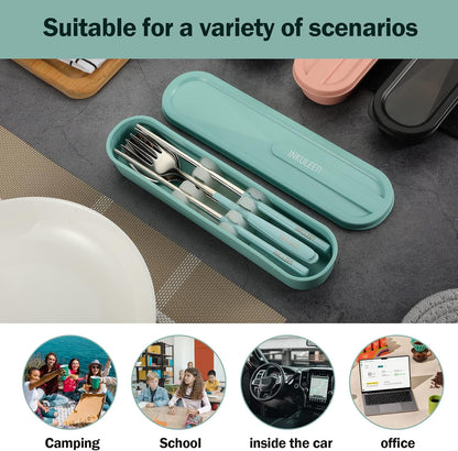 iNKULEER Travel cutlery set, 18/8 stainless steel cutlery, Reusable utensils set with case, Portable Silverware Lunch Box for Camping and Office (Pink)