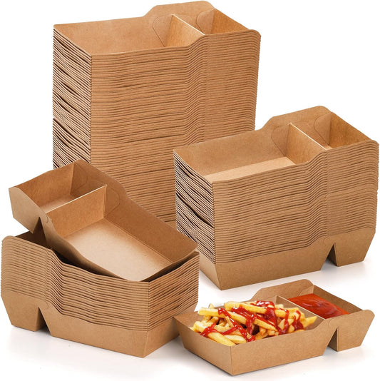 SOUJOY 100 Pack Food Serving Tray, 2 Compartment Disposable Kraft Nacho Boat Tray, Grease Resistant Heavy Duty Paperboard, Take Out Fast Food Snack Holder Container for Party