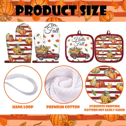 Qinyoung 6 Pcs Fall Kitchen Decor Pumpkin Pot Holders and Oven Mitt Sets