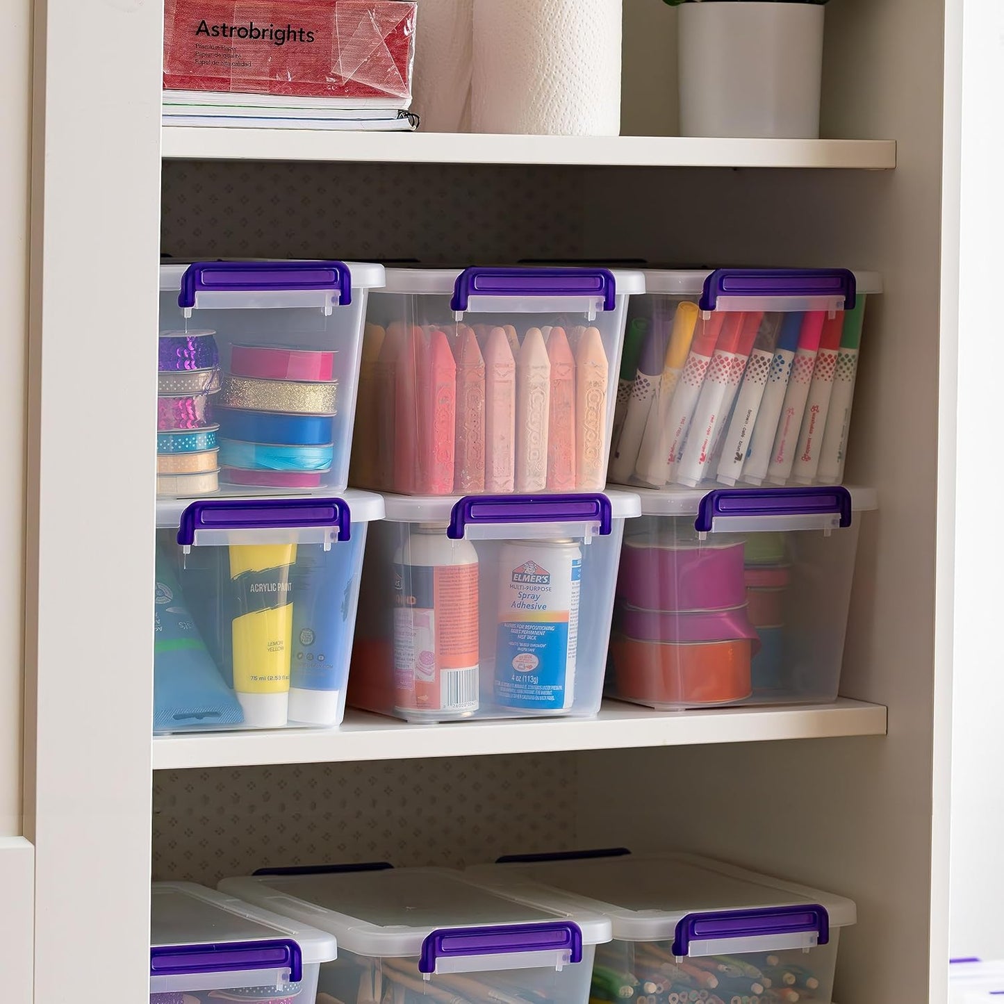 IRIS USA 5 Qt. Plastic Craft Storage Container Bins with Lids, 6 Pack, Small Art & Office Supply Organizer Tote, Sensory Bins & Boxes for Home & University, Stackable, Carry Handle, Clear