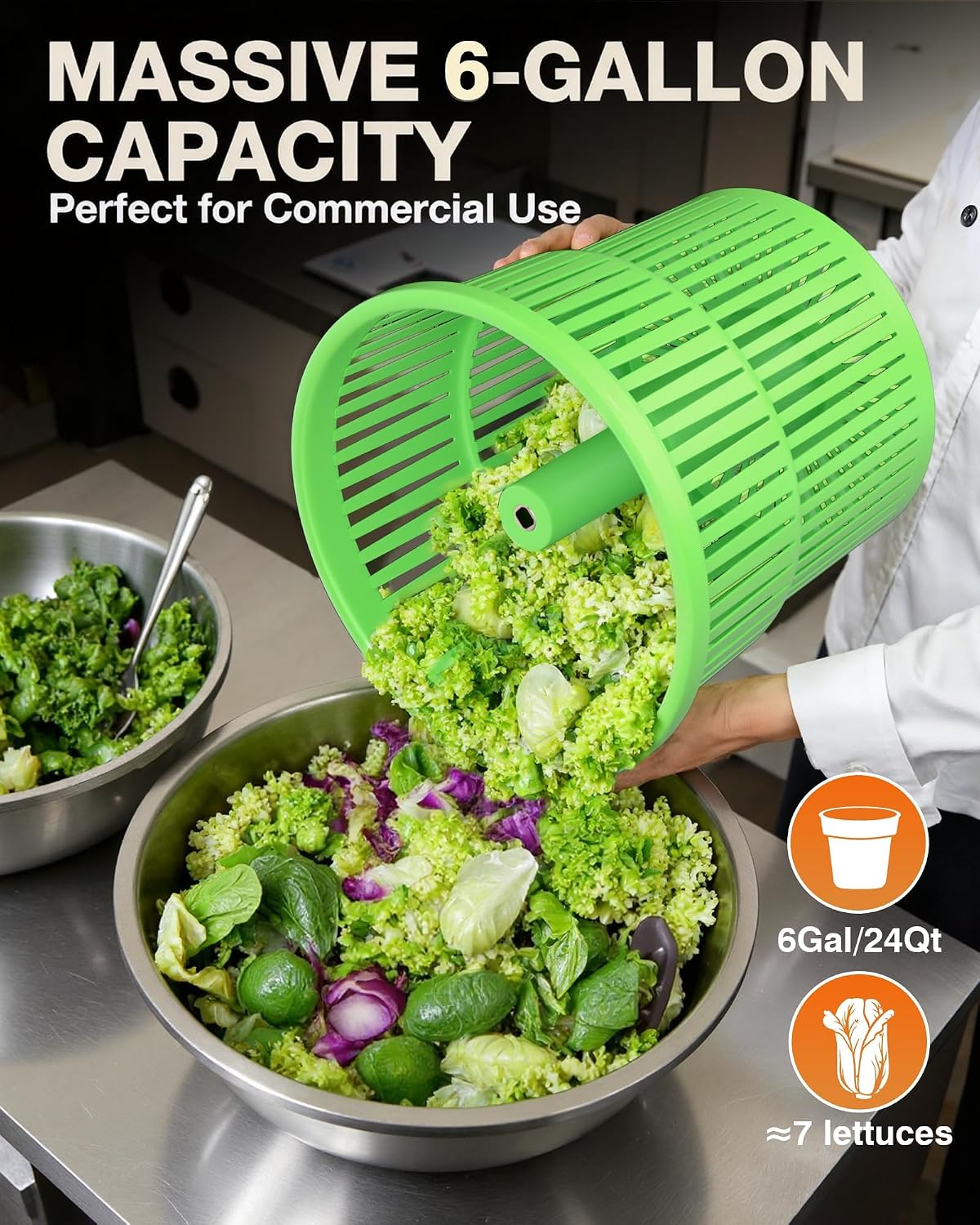 WantJoin Commercial Salad Spinner - [6 Gallon Salad Dryer] w/Silicone [Anti-slip Mat] & [Draining Hose], 24Qt Manual Salad Spinner for up to 7 Heads of Lettuce Spinner Large for Catering, Orange