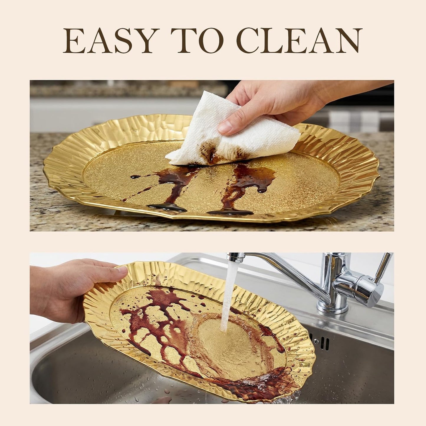 6 Pack Gold Serving Platter Set, Plastic Serving Tray Gold Platters Reusable Party Snack Servings Tray Decorative Food Appetizer Platters for Dessert Cupcake Charcuterie Sushi Snack(14" x 8.5")