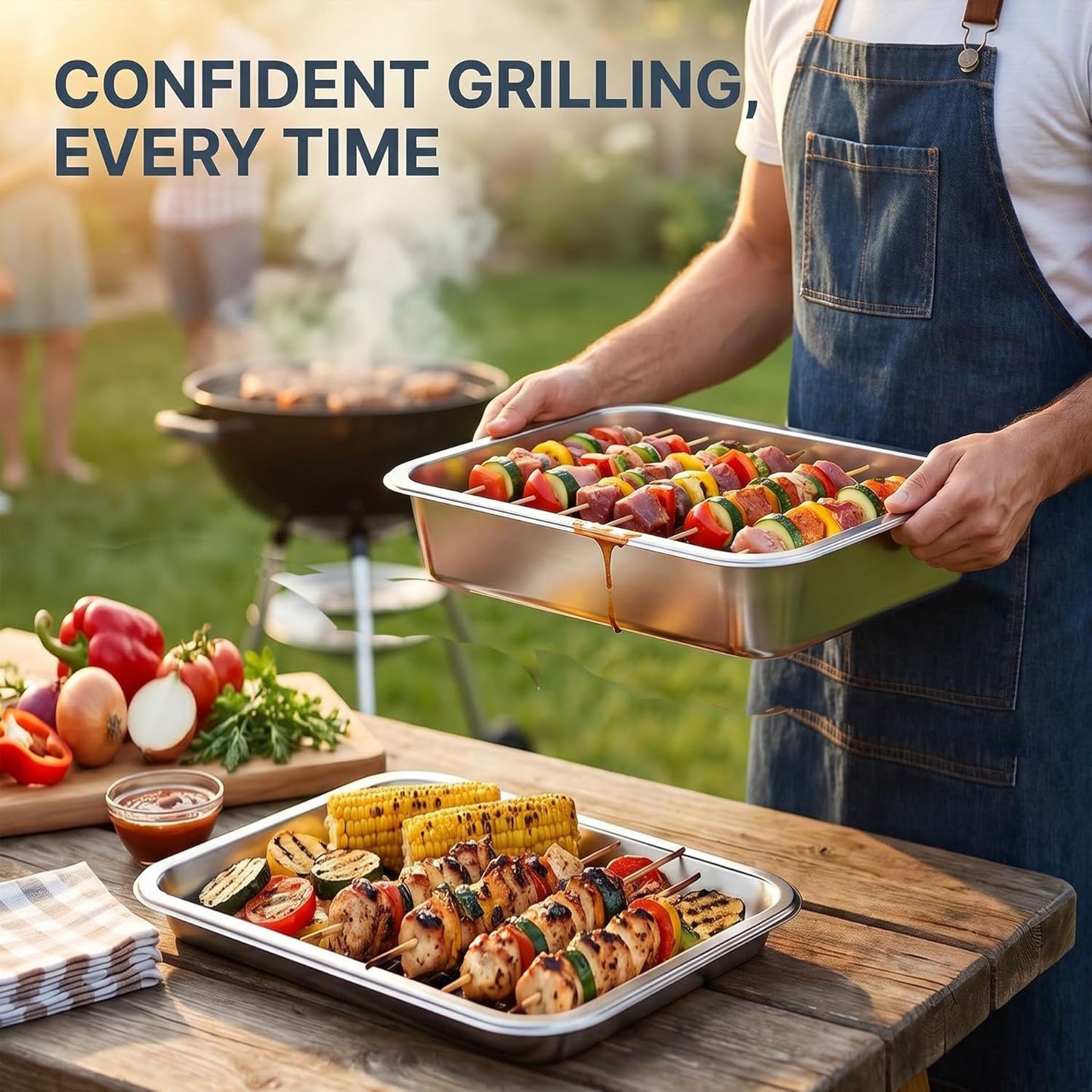 Grill Prep Tray & Serving Tray Set with Lids –5-Piece Grill Carry System for Marinating, Carrying & Serving, Stainless Steel BBQ Trays, BBQ Prep Grill Pan with 2 Lids and 1 Rack