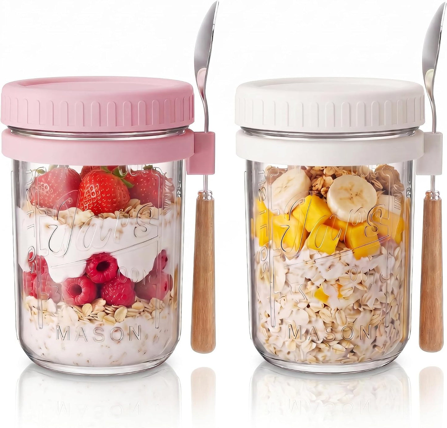 HomArtist 16oz Overnight Oats Containers with Lids and Spoons, 4 Pack Wide Mouth Mason Jars with Airtight Lids, Overnight Oats Jars for Salad, Chia Seed, Cereal, Yogurt