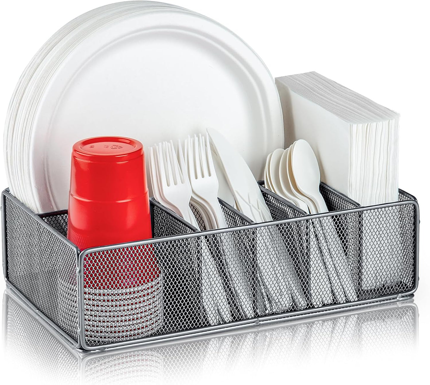 Paper Plate Organizer for Countertop, Metal Silverware Caddy for Cup, Napkin, Fork, Spoon, Paper Plate and Utensil Holder, Cutlery Caddy for Party, Camping, Picnic (Black)