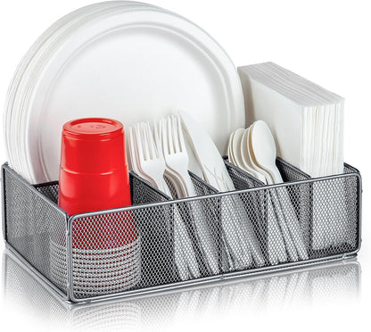 Paper Plate Organizer for Countertop, Metal Silverware Caddy for Cup, Napkin, Fork, Spoon, Paper Plate and Utensil Holder, Cutlery Caddy for Party, Camping, Picnic (Black)
