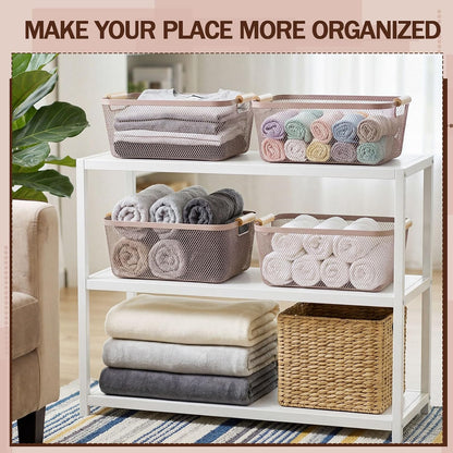 Mumufy 3 Pcs Metal Mesh Basket with Wooden Handles Wire Steel Organizer Bins Pantry Organizers Kitchen Baskets for Closet Cabinet Bathroom Fridge Food Snacks Organization (Warm Tapue,3 Sizes)