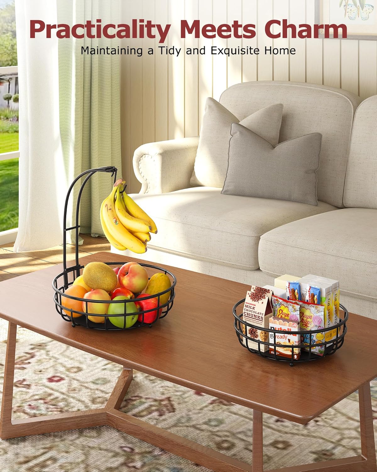 Sevenblue 2 Tier Large Fruit Basket for Kitchen Counter with Removable Banana Hanger - Sturdy Iron Fruit Bowl for Kitchen Counter and Vegetable Holder, Fruit Holder for Home Decor, Black